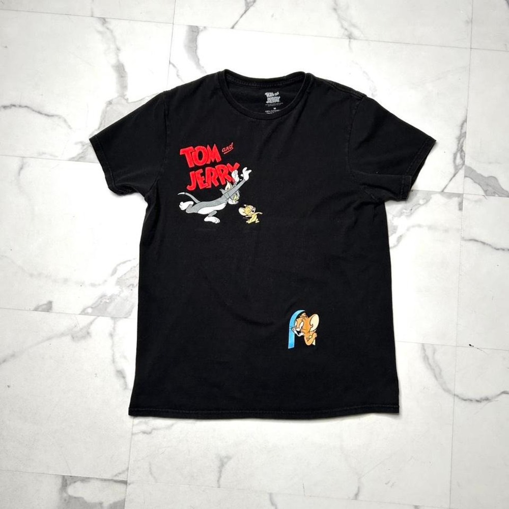 Tom and Jerry Black Graphic T Shirt Mens Size Medium Cartoon Character Tee